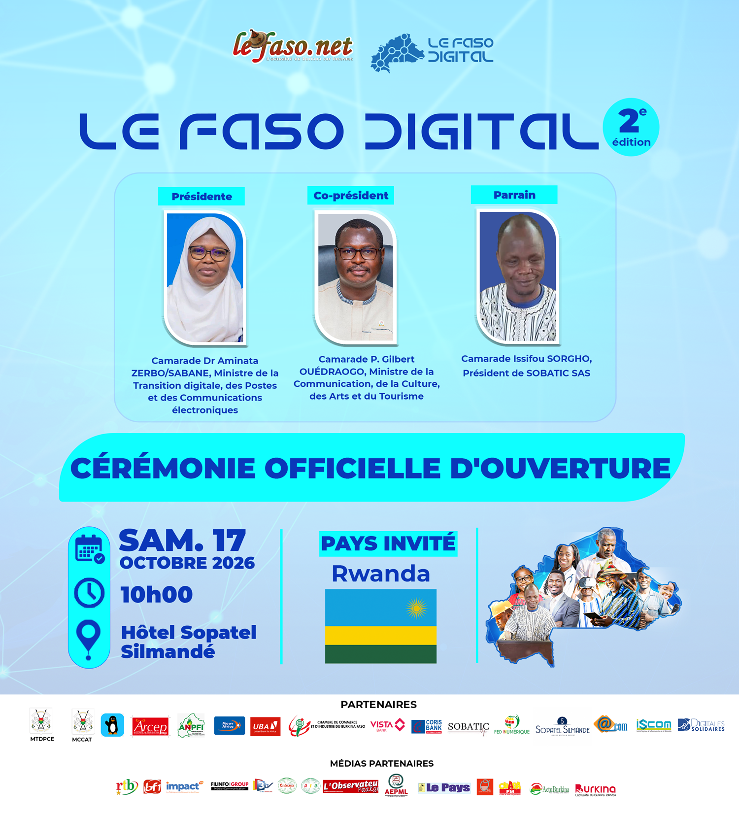Cérémonie d’ouverture de la 2ᵉ édition du Faso Digital, ce samedi 17 octobre à 10h, à l’hôtel Sopatel Silmandé.